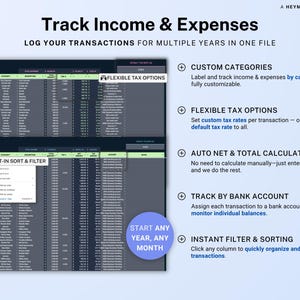 Small business bookkeeping Google Sheets Dark Mode Income Expense Tracker Freelancer Tax Planner Profit Loss Spreadsheet 1099 Mileage Log image 3