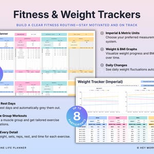 May include: A digital fitness and weight tracker with the title "Fitness & Weight Trackers." The planner includes sections for weekly workouts, weight tracking, and BMI graphs. Features include imperial and metric units, daily changes, and support for up to 8 participants.