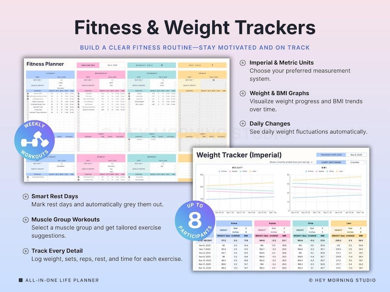 May include: A digital fitness and weight tracker with the title "Fitness & Weight Trackers." The planner includes sections for weekly workouts, weight tracking, and BMI graphs. Features include imperial and metric units, daily changes, and support for up to 8 participants.