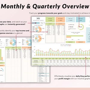 May include: A colorful spreadsheet template for tracking monthly and quarterly Etsy sales and expenses. The template includes charts, graphs, and tables to help you visualize your business performance. The text on the page reads "Monthly & Quarterly Overview" and "Track your progress towards your goals and stay motivated to achieve more!"