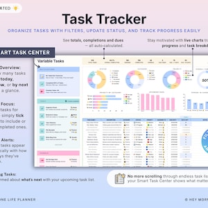 May include: A digital task tracker with a clean, organized layout. The interface displays charts, graphs, and task lists, with the title "Task Tracker" at the top. Features include filters, status updates, and progress tracking. The design is primarily white, blue, pink, and yellow.