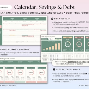 May include: Digital financial planning tools with a green and pink color scheme. The image includes a calendar, debt payoff calculator, and savings tracker. Text includes "Calendar, Savings & Debt" and "Ultimate Annual Budget."