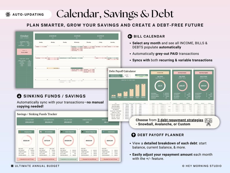 May include: Digital financial planning tools with a green and pink color scheme. The image includes a calendar, debt payoff calculator, and savings tracker. Text includes "Calendar, Savings & Debt" and "Ultimate Annual Budget."