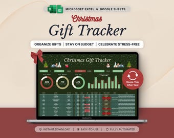 May include: A digital Christmas Gift Tracker spreadsheet displayed on a laptop screen, featuring festive green backgrounds, data charts, and budget columns. The interface includes text labels like Organize Gifts, Stay on Budget, and Reuse Year After Year.