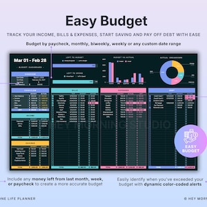 以下が含まれることがあります： 「Easy Budget」というタイトルのデジタル家計簿で、濃いティールとピンクの配色です。収入、請求書、支出を追跡します。給与、月ごと、週ごとの予算編成のためのチャート、グラフ、表が含まれています。テキストには「Mar 01 - Feb 28」が含まれています。