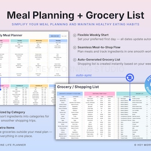 May include: A digital meal planning and grocery list template with the text "Meal Planning + Grocery List." Features include a weekly meal planner, organized grocery list, and auto-generated shopping list. The design is on a purple background.