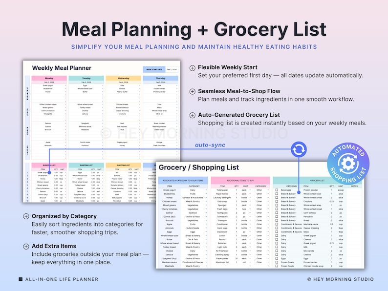 May include: A digital meal planning and grocery list template with the text "Meal Planning + Grocery List." Features include a weekly meal planner, organized grocery list, and auto-generated shopping list. The design is on a purple background.