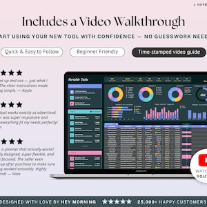 May include: A laptop displays a digital planner interface with colorful charts and graphs. The screen shows the text "Includes a Video Walkthrough" and "Quick & Easy to Follow". A YouTube icon is visible, suggesting video tutorials.