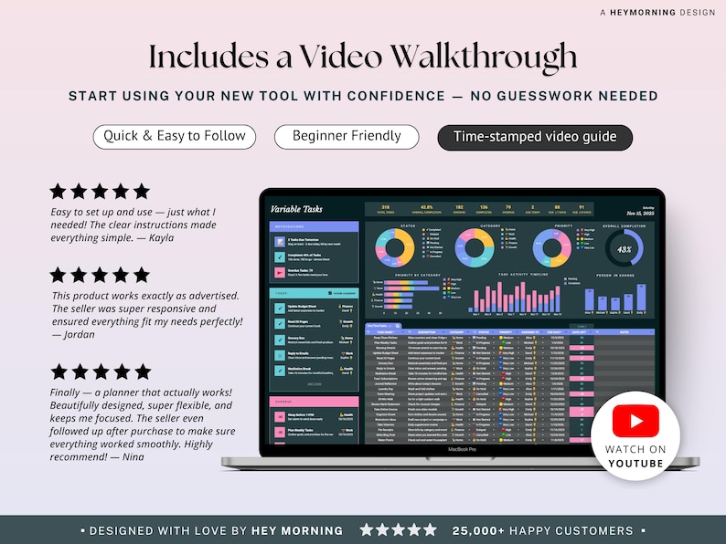 May include: A laptop displays a digital planner interface with colorful charts and graphs. The screen shows the text "Includes a Video Walkthrough" and "Quick & Easy to Follow". A YouTube icon is visible, suggesting video tutorials.