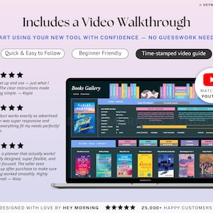 Może przedstawiać: Ekran laptopa wyświetla interfejs "Books Gallery" z okładkami książek i grafiką kota. Obraz zawiera tekst: "Includes a Video Walkthrough" i "Watch on YouTube". Projekt jest autorstwa Hey Morning.