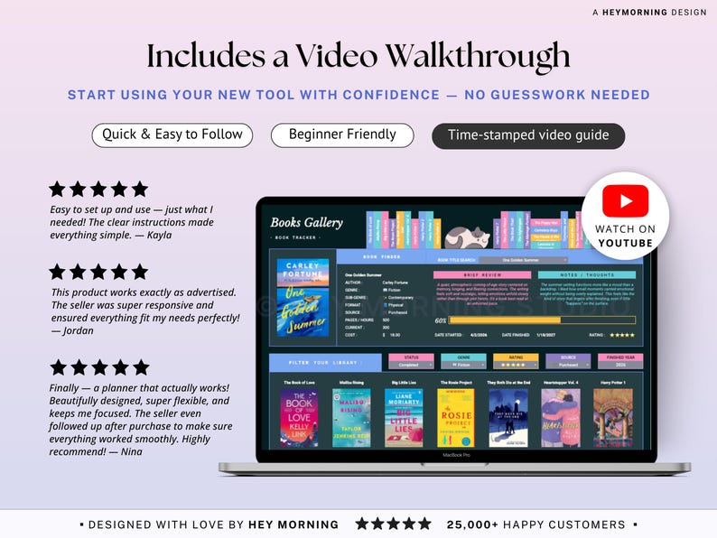 Może przedstawiać: Ekran laptopa wyświetla interfejs "Books Gallery" z okładkami książek i grafiką kota. Obraz zawiera tekst: "Includes a Video Walkthrough" i "Watch on YouTube". Projekt jest autorstwa Hey Morning.