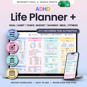 Planilha de planejamento para TDAH, Planilha do Google, Planilha do Excel, Planejador diário, Controle de orçamento, Rastreador de hábitos, Planilha de produtividade, Calendário mensal e semanal, Rotina