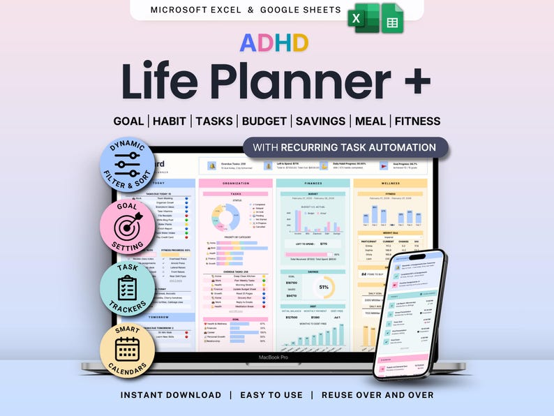 ADHD Life Planner Google Sheets Excel Daily Planner Budget Tracker Habit Tracker Productivity Spreadsheet Monthly Weekly Calendar Routine image 1