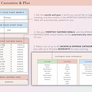 May include: A pink and green printable budget planner with the title "STEP 1: Customize & Plan". The planner includes sections for selecting a start month and year, setting monthly and annual savings goals, and customising income, expense, and account categories.