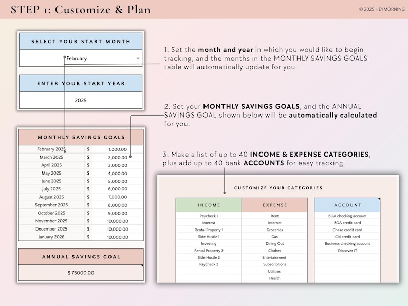 May include: A pink and green printable budget planner with the title "STEP 1: Customize & Plan". The planner includes sections for selecting a start month and year, setting monthly and annual savings goals, and customising income, expense, and account categories.