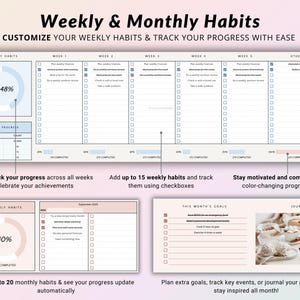 May include: A printable planner with a pink and blue color scheme. The planner is divided into sections for weekly and monthly habits. The weekly section has a progress bar and checkboxes for tracking habits. The monthly section has a progress bar and checkboxes for tracking habits and goals. The planner also includes a journal section.