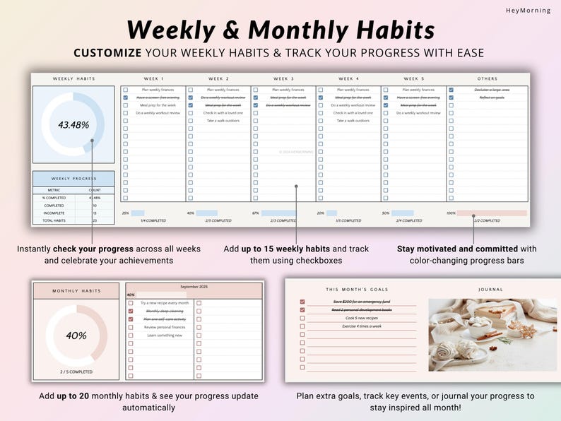 May include: A printable planner with a pink and blue color scheme. The planner is divided into sections for weekly and monthly habits. The weekly section has a progress bar and checkboxes for tracking habits. The monthly section has a progress bar and checkboxes for tracking habits and goals. The planner also includes a journal section.