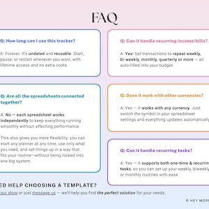 May include: An FAQ graphic with a gradient background. The text includes questions and answers about a tracker's features, such as its reusability, handling of recurring tasks, and compatibility with different currencies. The bottom of the graphic has a call to action.
