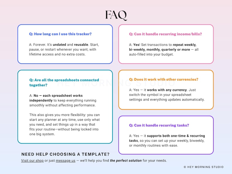 May include: An FAQ graphic with a gradient background. The text includes questions and answers about a tracker's features, such as its reusability, handling of recurring tasks, and compatibility with different currencies. The bottom of the graphic has a call to action.