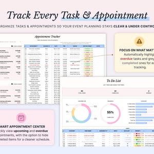 Pode incluir: Um painel digital de planeamento de eventos com rastreador de compromissos e lista de tarefas. A interface exibe listas, gr&aacute;ficos de progresso e indicadores de estado com texto incluindo Track Every Task & Appointment e Smart Appointment Center.