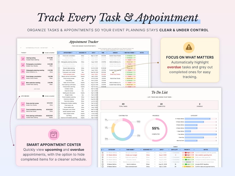 Pode incluir: Um painel digital de planeamento de eventos com rastreador de compromissos e lista de tarefas. A interface exibe listas, gr&aacute;ficos de progresso e indicadores de estado com texto incluindo Track Every Task & Appointment e Smart Appointment Center.