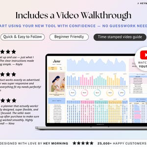 May include: A laptop screen displays a planner interface with charts and graphs, showcasing data visualization. The interface includes a calendar view and a YouTube icon, suggesting video tutorials. Text reads "Includes a Video Walkthrough."
