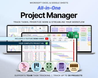Project Management Spreadsheet Team Project Task Tracker Google Sheets Excel Timeline Planner Kanban Board Gantt Chart Eisenhower Matrix