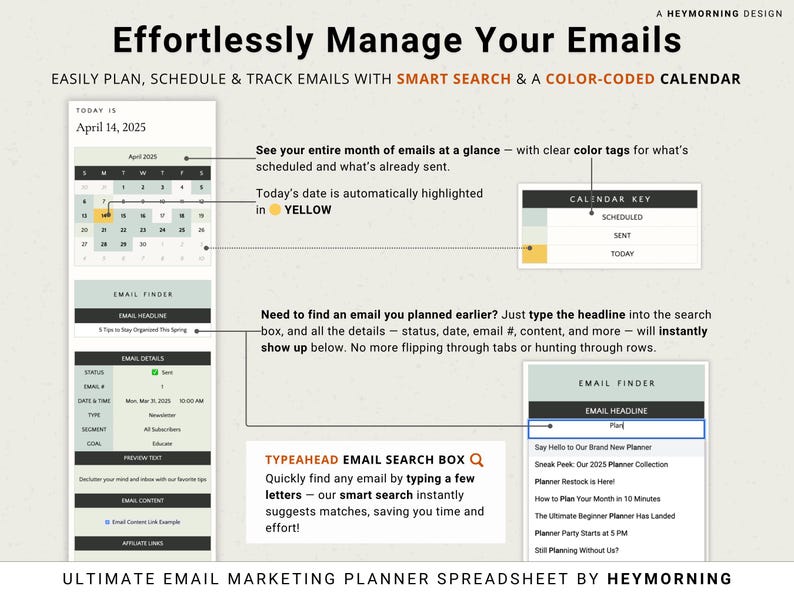 Email Content Calendar Spreadsheet Email Marketing Planner Google Sheets Email Newsletter Schedule Template Digital Email Ideas Organizer image 5