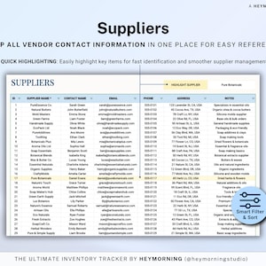 May include: A digital inventory tracker titled "Suppliers" with a spreadsheet layout. The spreadsheet includes columns for supplier name, contact name, email, phone, address, and notes. The text "KEEP ALL VENDOR CONTACT INFORMATION IN ONE PLACE FOR EASY REFERENCE" is displayed.