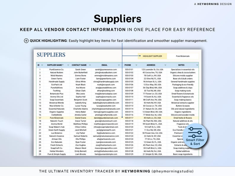 May include: A digital inventory tracker titled "Suppliers" with a spreadsheet layout. The spreadsheet includes columns for supplier name, contact name, email, phone, address, and notes. The text "KEEP ALL VENDOR CONTACT INFORMATION IN ONE PLACE FOR EASY REFERENCE" is displayed.