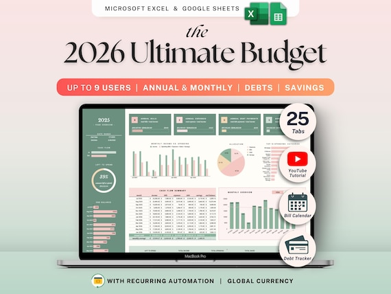 Ultimate Annual Budget Spreadsheet Monthly Budget Template Google Sheets Excel Bill Calendar Debt Savings Tracker Personal Finance Net Worth