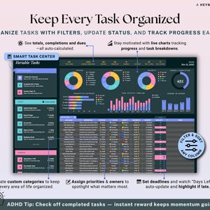 May include: Digital task management interface with a dark teal and purple color scheme. The interface displays charts, progress bars, and a task list. Text includes "Keep Every Task Organized" and "Smart Task Center".