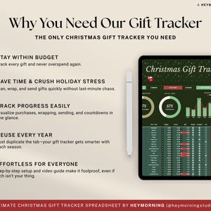 Peut inclure: Un suivi de cadeaux de No&euml;l num&eacute;rique affich&eacute; sur une tablette avec un stylet. Le tracker aide les utilisateurs &agrave; respecter leur budget, &agrave; gagner du temps, &agrave; suivre les progr&egrave;s, &agrave; r&eacute;utiliser chaque ann&eacute;e et est simple pour tous. Un n&oelig;ud rouge est dans le coin sup&eacute;rieur droit.