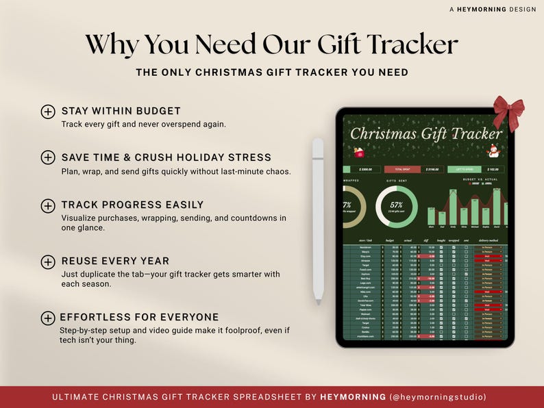 Peut inclure: Un suivi de cadeaux de No&euml;l num&eacute;rique affich&eacute; sur une tablette avec un stylet. Le tracker aide les utilisateurs &agrave; respecter leur budget, &agrave; gagner du temps, &agrave; suivre les progr&egrave;s, &agrave; r&eacute;utiliser chaque ann&eacute;e et est simple pour tous. Un n&oelig;ud rouge est dans le coin sup&eacute;rieur droit.