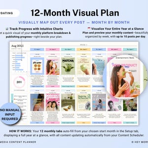 Op de afbeelding: Een 12-maanden visueel plan grafiek met een lichtblauwe achtergrond. Het plan bevat grafieken, een voortgangstracker en een maandelijkse contentkalender. Tekst bevat "Auto-Updating" en "No Manual Input Required."