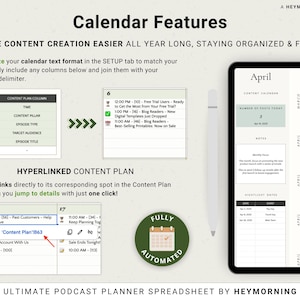 May include: Digital podcast planner spreadsheet with calendar features. The image shows a tablet with a calendar layout, a stylus, and various content planning tools. The spreadsheet includes features like content plan columns, episode types, and a hyperlinked content plan.