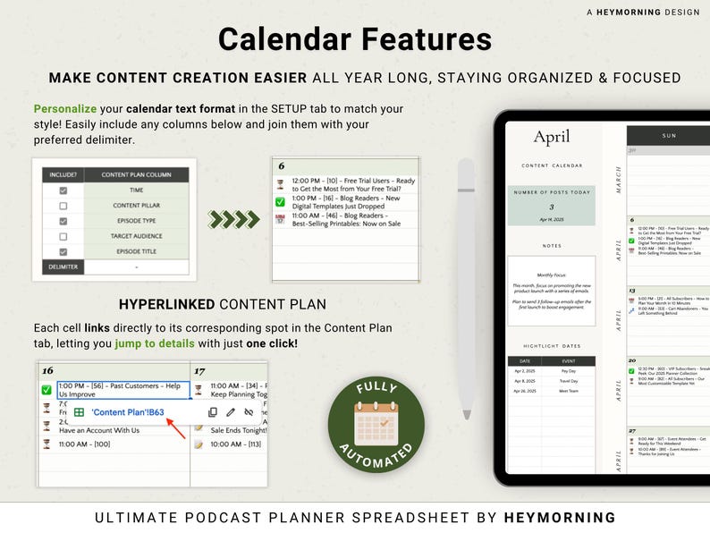 May include: Digital podcast planner spreadsheet with calendar features. The image shows a tablet with a calendar layout, a stylus, and various content planning tools. The spreadsheet includes features like content plan columns, episode types, and a hyperlinked content plan.