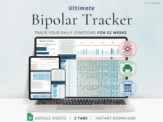 Bipolar Tracker Google Sheets Bipolar Symptom Tracker Spreadsheet Daily Mood Tracker Annual Bipolar Dashboard Bipolar Disorder Template