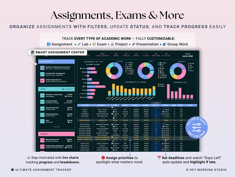 Assignment Tracker Google Sheets Excel Dark Mode Student Planner ...