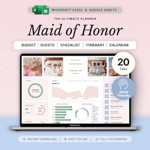 May include: A digital Maid of Honor planner for Microsoft Excel and Google Sheets displayed on a laptop screen. The interface features 20 tabs, budget tracking, guest lists, checklists, itineraries, and calendars with a pink and white color scheme.