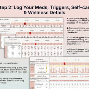 May include: A stack of printable wellness trackers with text that reads "Step 2: Log Your Meds, Triggers, Self-care & Wellness Details." The trackers include sections for self-care practices, triggers, medications, and wellness metrics.