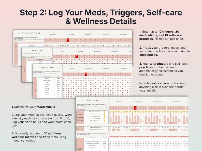 May include: A stack of printable wellness trackers with text that reads "Step 2: Log Your Meds, Triggers, Self-care & Wellness Details." The trackers include sections for self-care practices, triggers, medications, and wellness metrics.