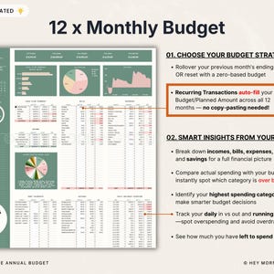 May include: A digital budget planner labelled "12 x Monthly Budget" with a simple and clean layout. The template includes charts, graphs, and tables for tracking income, expenses, and savings. Text highlights features like auto-fill and smart insights.