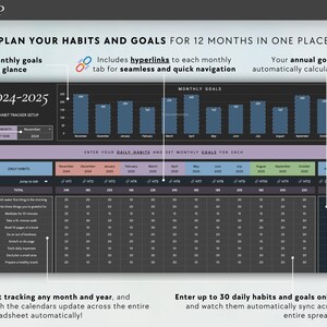 May include: A digital habit tracker spreadsheet for 2024-2025, designed to plan habits and goals for 12 months. Features include monthly goal tracking, hyperlinks for navigation, and automatic annual goal calculations. The spreadsheet allows tracking of up to 30 daily habits.