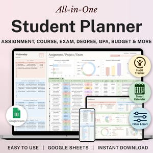 Academic Student Planner Google Sheets Assignment Tracker Spreadsheet University Study Planner Class Timetable To Do List Degree Planner GPA