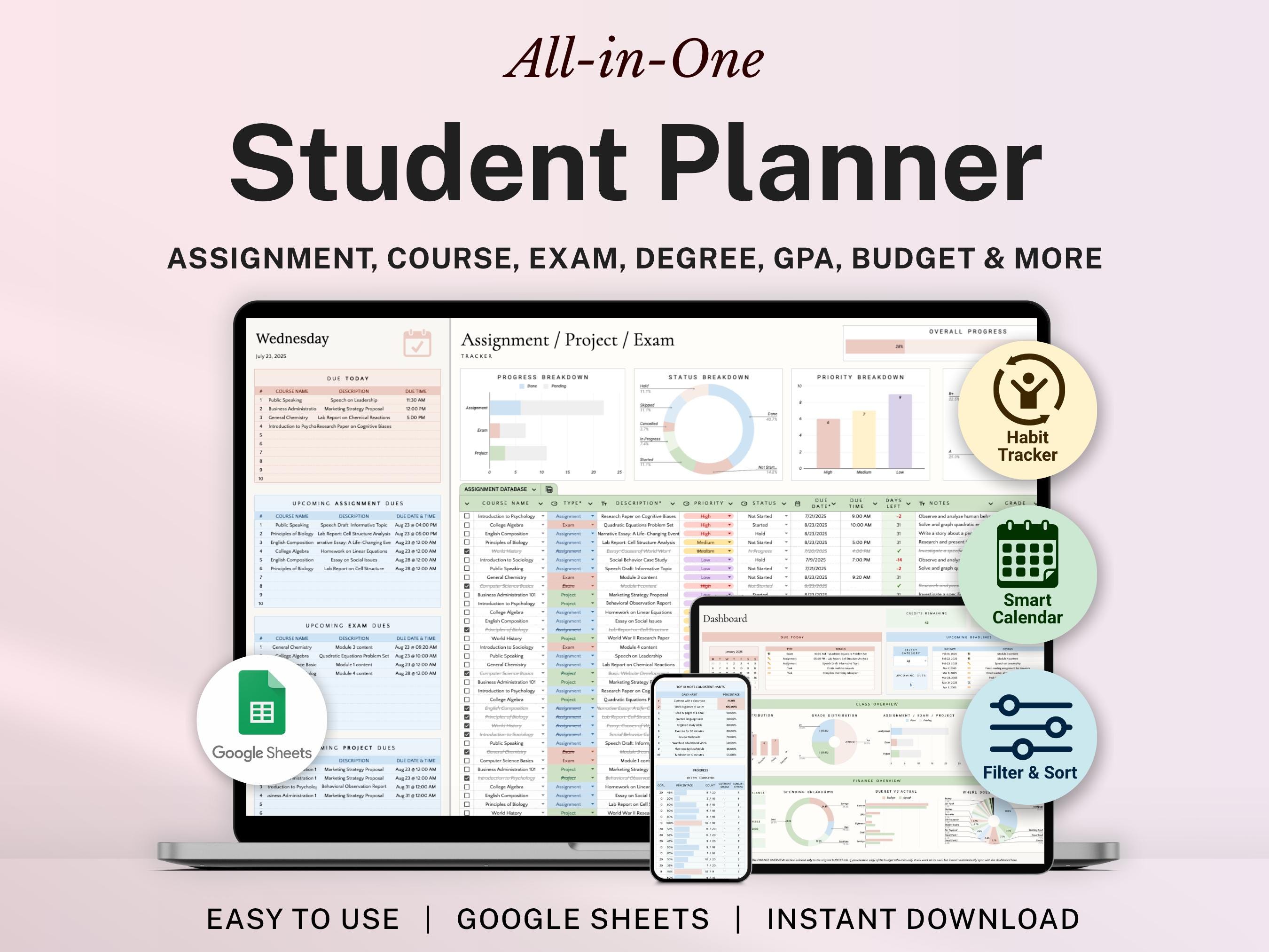 Academic Student Planner Google Sheets Assignment Tracker Spreadsheet ...