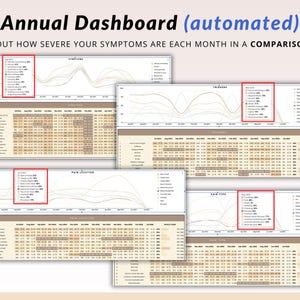 Puede incluir: Un tablero con gr&aacute;ficos y tablas que muestran datos sobre los s&iacute;ntomas, los desencadenantes, la ubicaci&oacute;n del dolor y el tipo de dolor. El tablero se titula "Panel anual (automatizado)" e incluye el texto "COMPROB&Aacute; LA GRAVEDAD DE TUS S&Iacute;NTOMAS CADA MES EN UNA VISTA DE COMPARACI&Oacute;N".