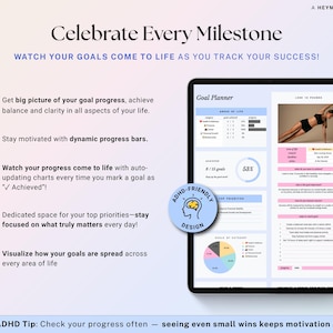 May include: Digital goal planner on a tablet screen. The planner features sections for tracking goals, progress bars, and charts. Text includes "Celebrate Every Milestone" and "ADHD-friendly design." The image is on a gradient background.