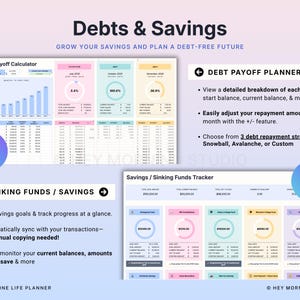 May include: A digital planner titled "Debts & Savings" with a light blue and pink color scheme. The planner includes sections for debt payoff, sinking funds, and savings tracking. Text includes "Up to 30 Debts" and "30 Sinking Funds".