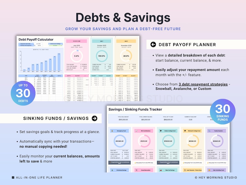 May include: A digital planner titled "Debts & Savings" with a light blue and pink color scheme. The planner includes sections for debt payoff, sinking funds, and savings tracking. Text includes "Up to 30 Debts" and "30 Sinking Funds".